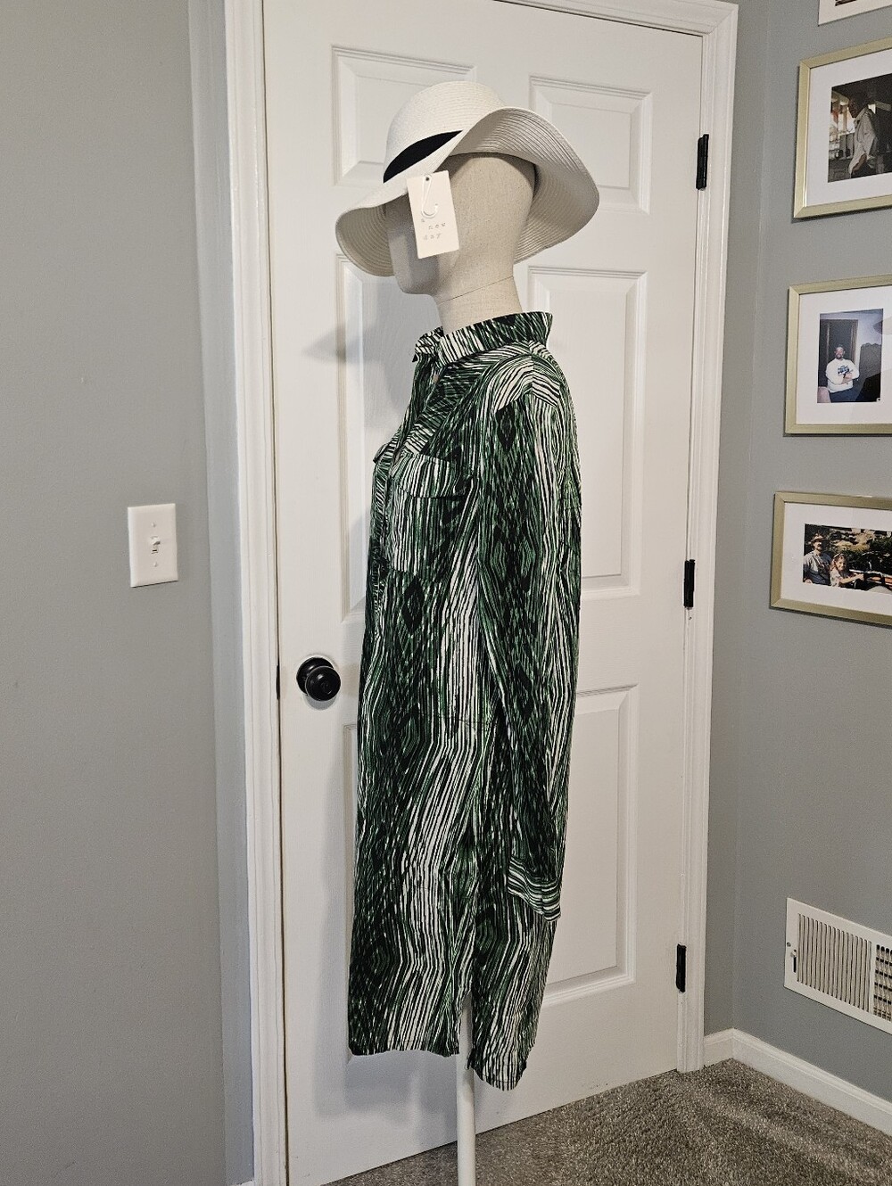 Derek Lam For Design Nation Green Patterned Long Sleeve Shirt Dress - Picture 2 of 8